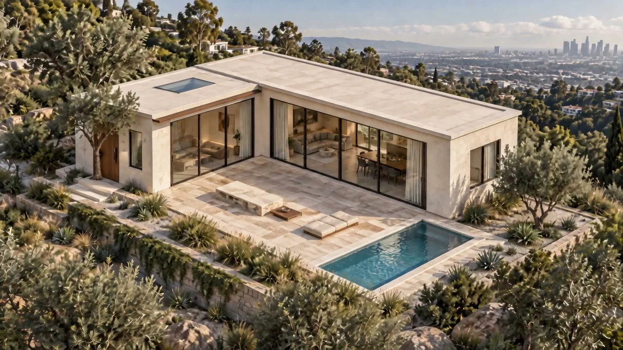 A custom home's architectural design, shown as the finished residence.