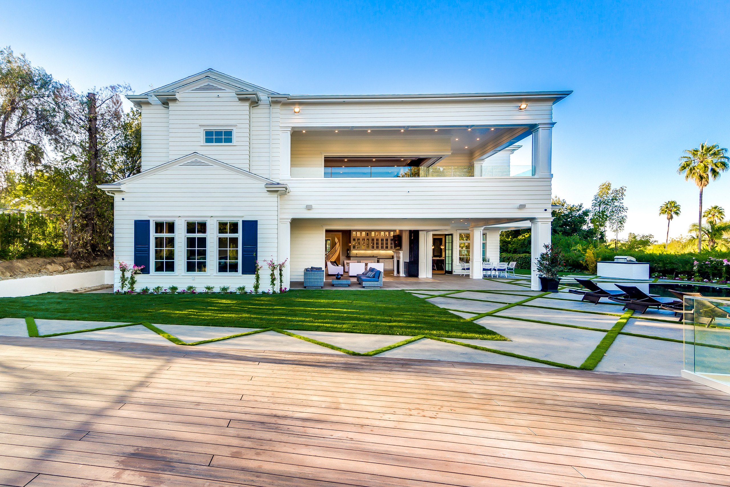 The rear deck and loggia of the Encino estate from the garden.